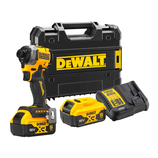 DEWALT DCF850P2T-QW Atornillador Impacto compacto 1/4” sin escobillas con 2 baterías 18V 5.0Ah XR