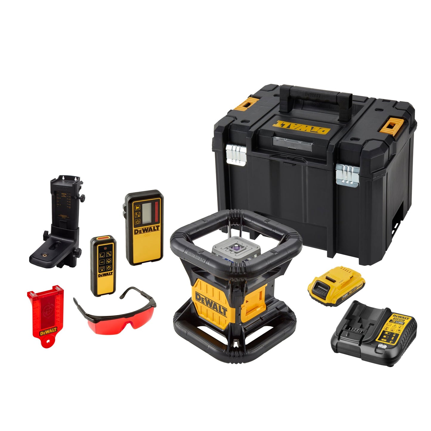 DEWALT DCE079D1R-QW Niveau laser rotatif intérieur/extérieur avec 1 batterie 18V 2.0Ah, faisceau rouge