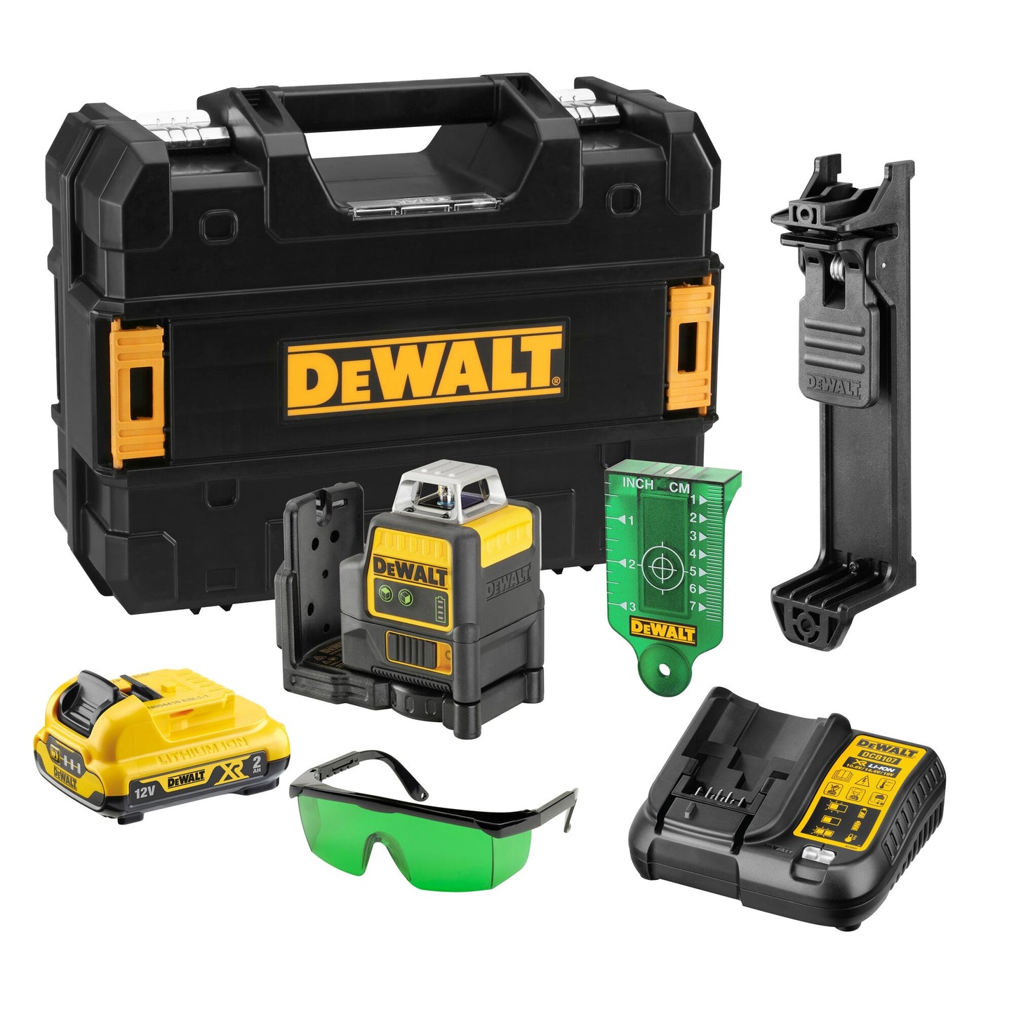 DEWALT DCE0811D1G-QW Nivel Láser autonivelante VERDE de 2 líneas 360° con 1 batería Li-Ion 12V 2Ah