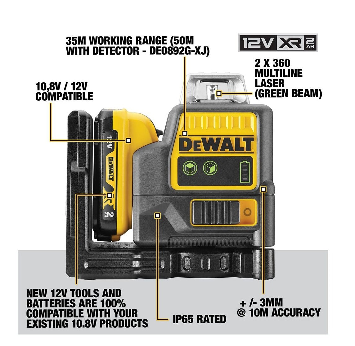 DEWALT DCE0811D1G-QW Nivel Láser autonivelante VERDE de 2 líneas 360° con 1 batería Li-Ion 12V 2Ah