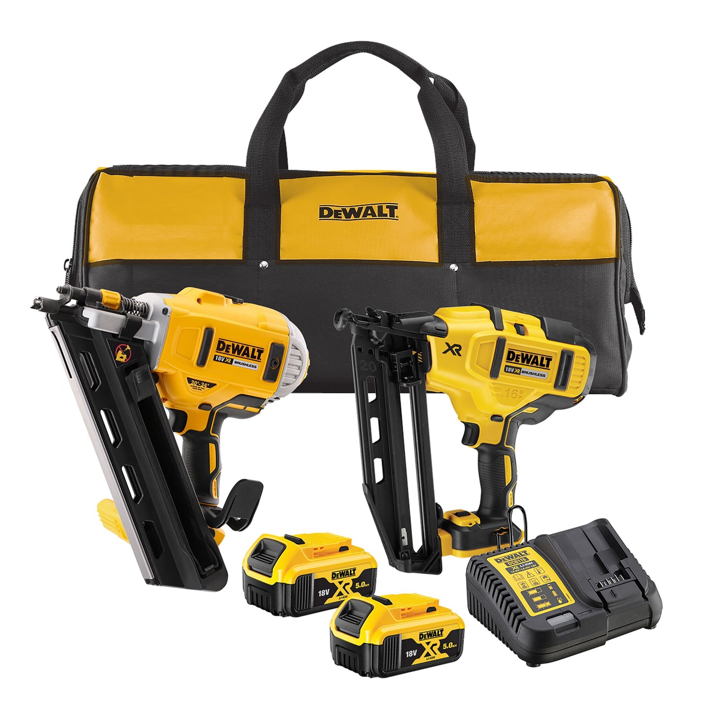 DEWALT DCK2046P2-QW Akku-Kombopack 18 V: Zwei-Stufen-Nagler 90mm DCN692 + Stiftnagler 63mm DCN660 + 2 x 18V 5.0Ah XR Akkus