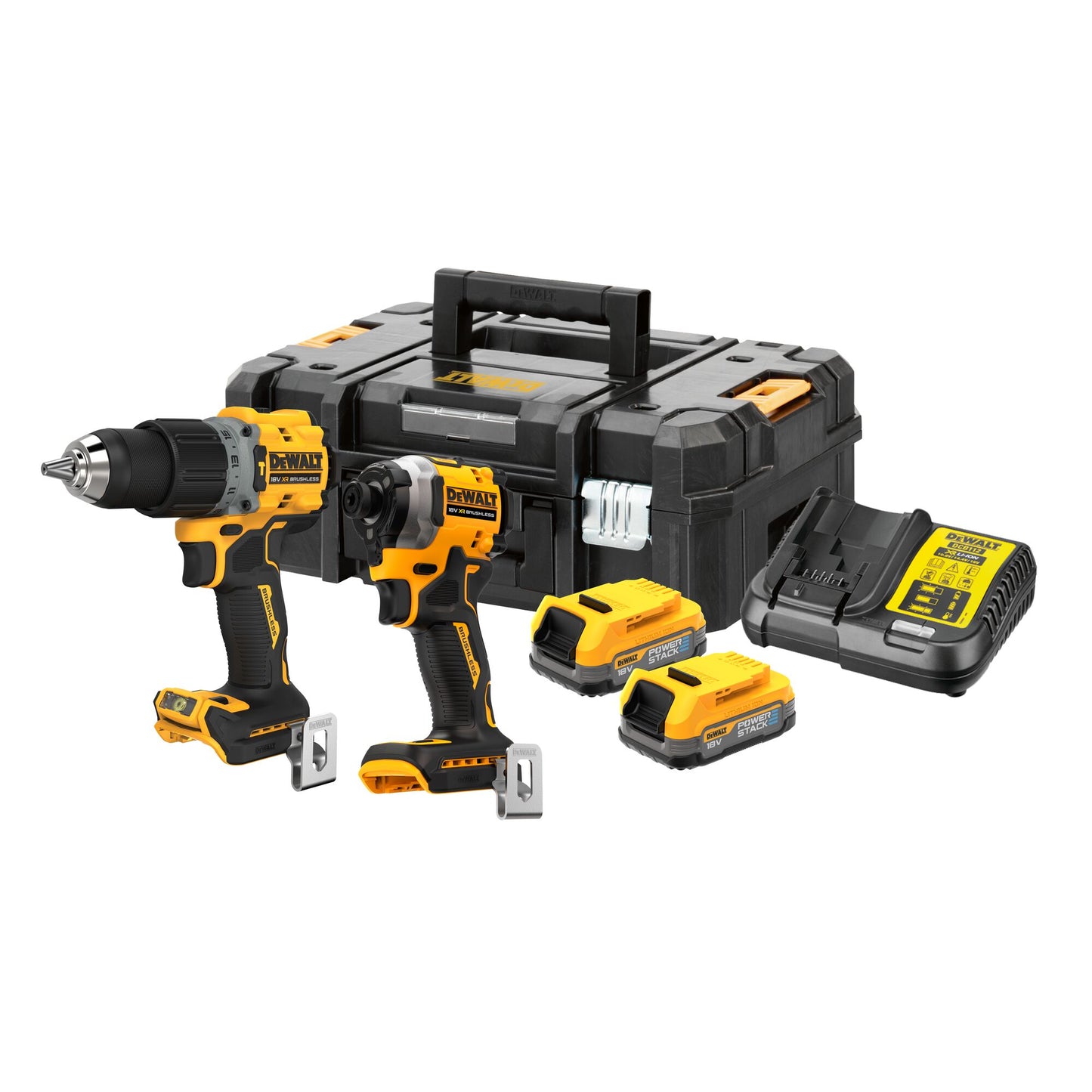 DEWALT DCK2050E2T-QW 18V XR Akku-Kombopack (bürstenlos): Schlagbohrschrauber DCD805 + 1/4" Akku-Schlagschrauber DCF850 + 2x Powerstack Akku (18 Volt / 1,7 Ah)