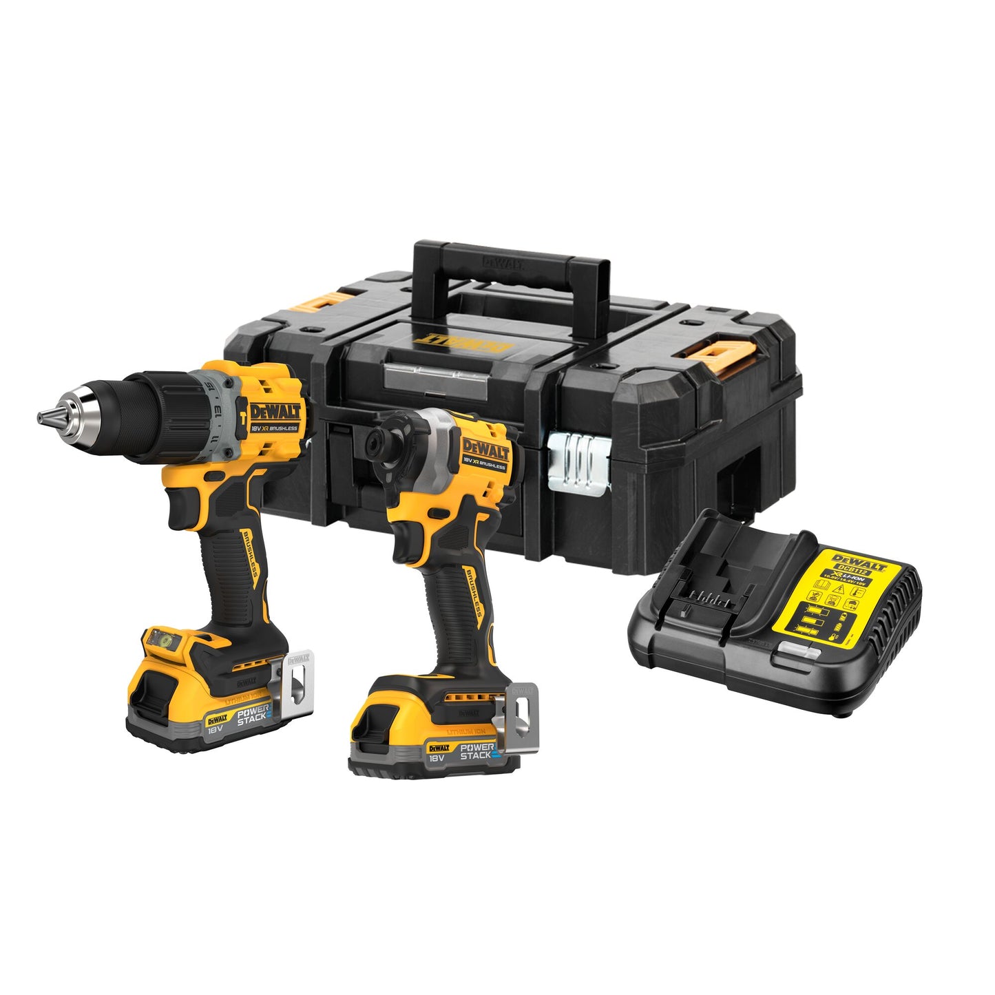 DEWALT DCK2050E2T-QW 18V XR Akku-Kombopack (bürstenlos): Schlagbohrschrauber DCD805 + 1/4" Akku-Schlagschrauber DCF850 + 2x Powerstack Akku (18 Volt / 1,7 Ah)