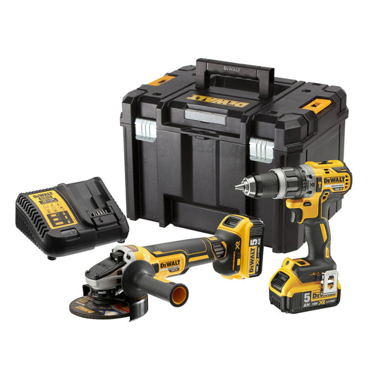 DEWALT DCK2080P2T-QW 18 Volt / 5 Ah Akku-Kombopack mit DCD 796 (Schlagbohrschrauber), DCG 405 (Winkelschleifer)