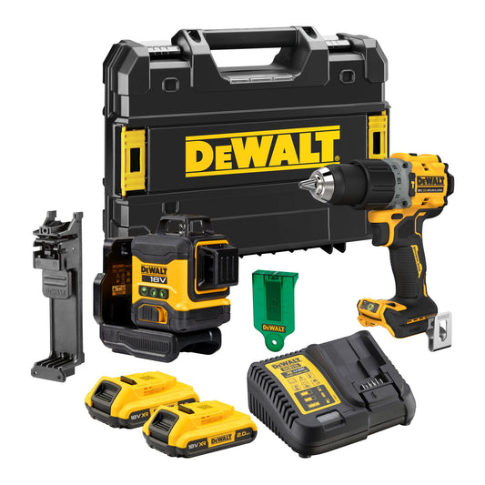 DEWALT DCK2095D2T-QW 18V Akku-Kombopack: DCD805 Akku-Schlagbohrschrauber + DCLE34031 Akku-Linienlaser + 2x18V ​​​​2,0Ah Akkus + TSTACK Koffer