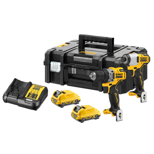 DEWALT DCK2110L2T-QW 12 Volt  Akku-Schrauber-Set: Akku-Bohrschrauber DCD701 + Akku-Schlagschrauber DCF801 + 2x12V 3.0Ah Akkus