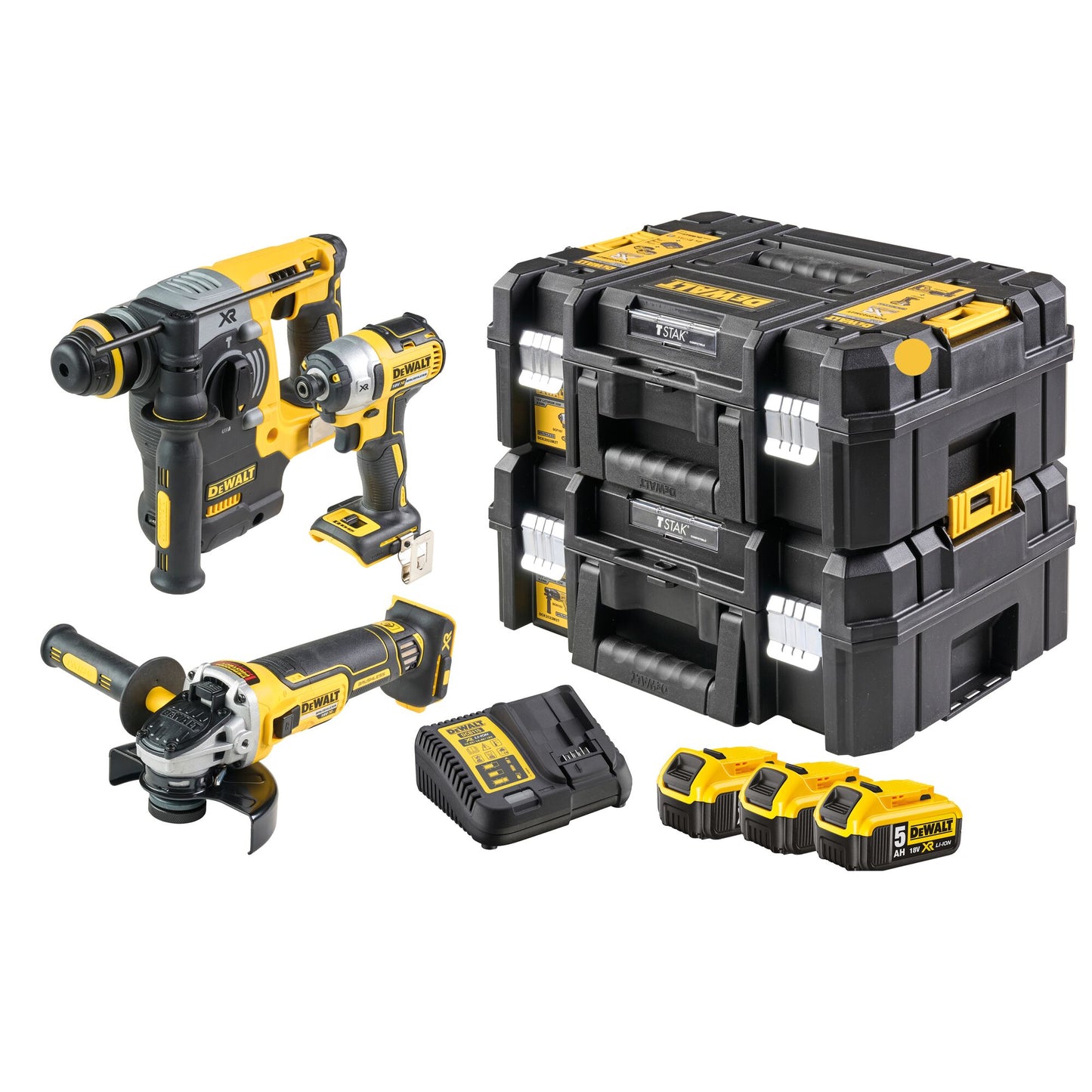 DEWALT DCK305P3T-QW 18V XR Brushless 3 Piece Cordless Kit contains SDS Rotary Hammer + Impact Driver +  Grinder + 3 x 5Ah XR Lithium Ion Batteries + TSTAK Kitbox