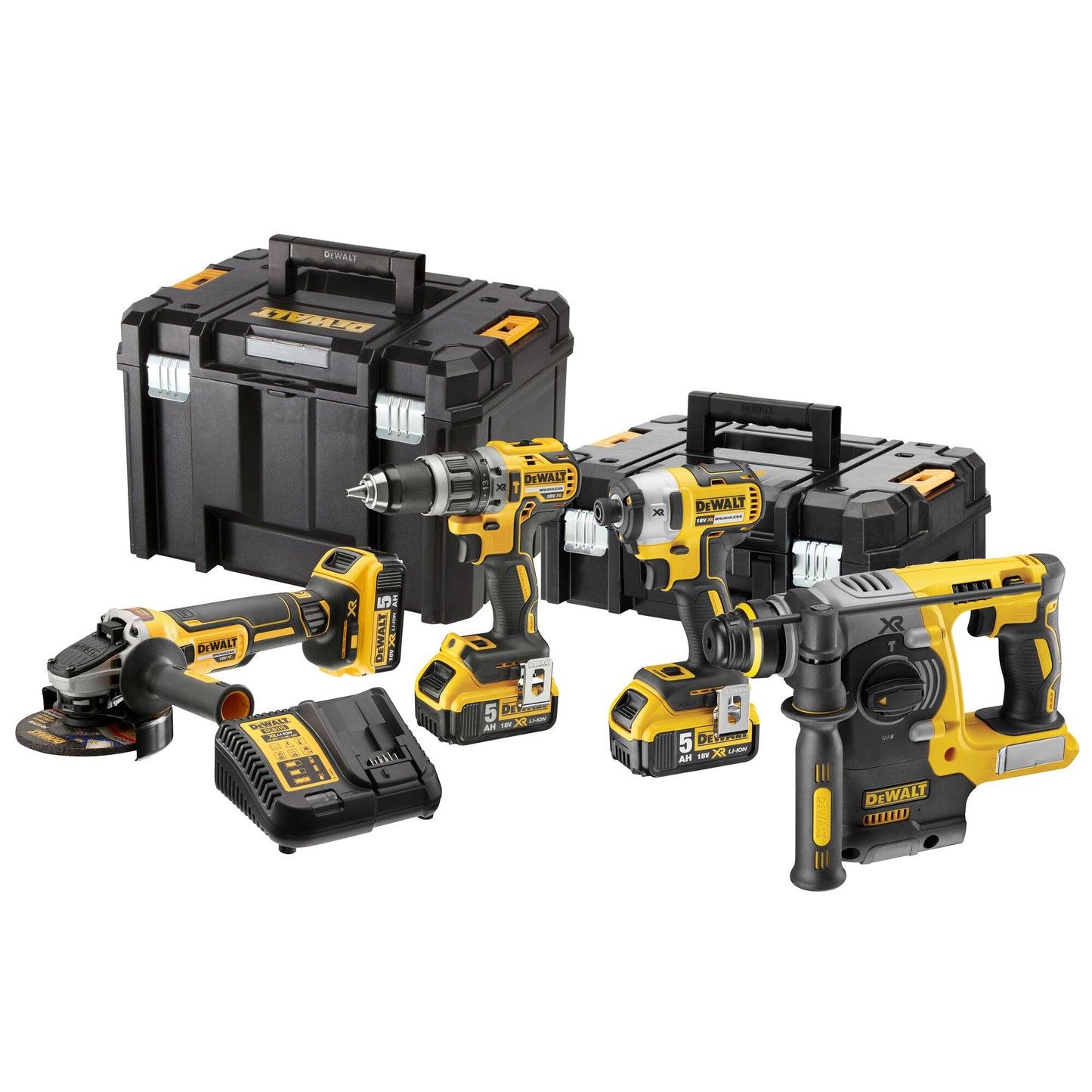 DEWALT DCK422P3T-QW Akku-Kombopack mit DCD796 Schlagbohrschrauber + DCH273 Kombihammer + DCF887  1/4" Schlagschrauber + DCG405 125 mm Winkelschleifer + 3 x 18V 5.0Ah XR Akkus + 2 TSTAK Koffer