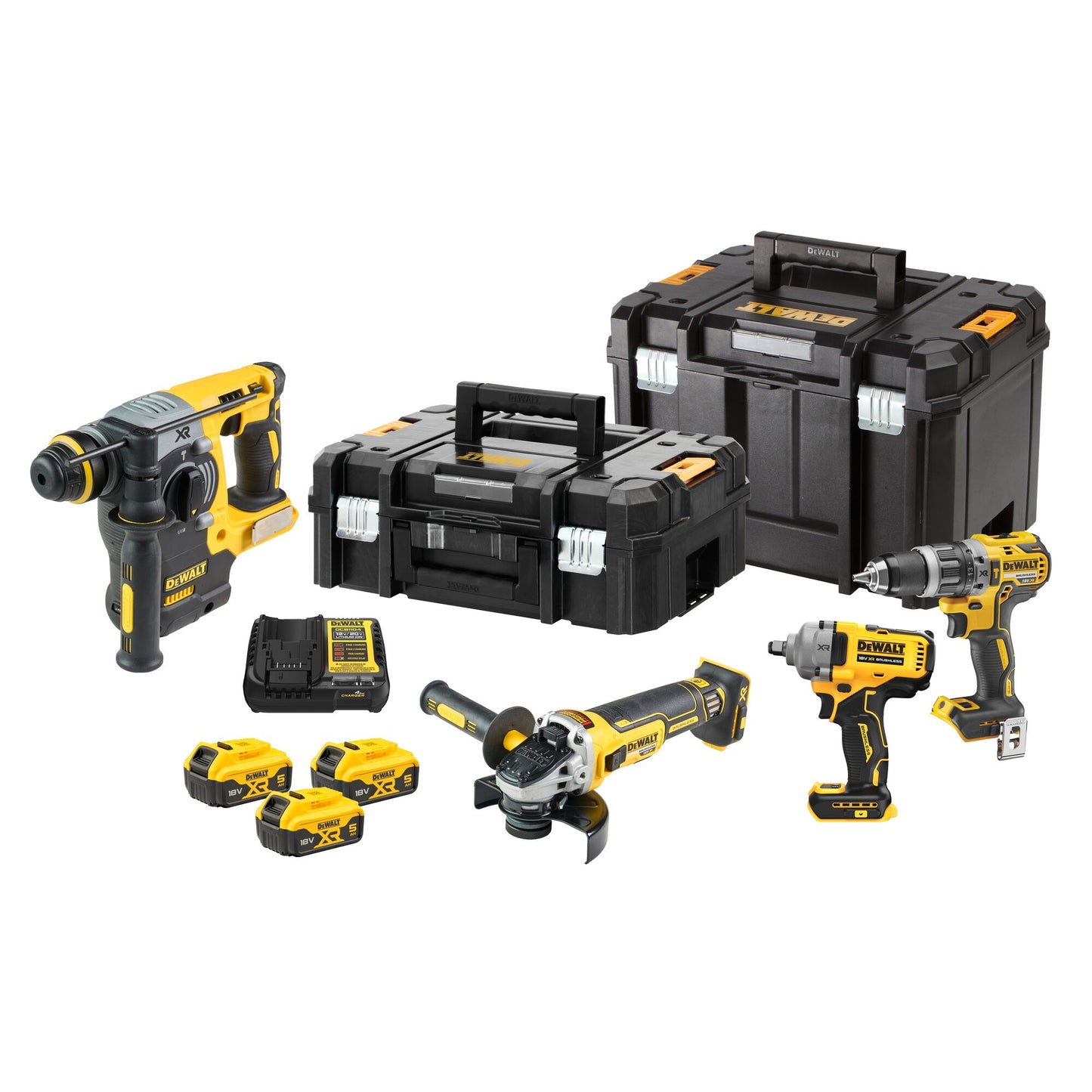 DEWALT DCK428P3T-QW Akku-Kombopack mit DCD796 Schlagbohrschrauber + DCH273 Kombihammer + DCF961  1/2" Schlagschrauber + DCG405 125mm Winkelschleifer + 3 x 18V 5.0Ah XR Akkus + 2 TSTAK Koffer