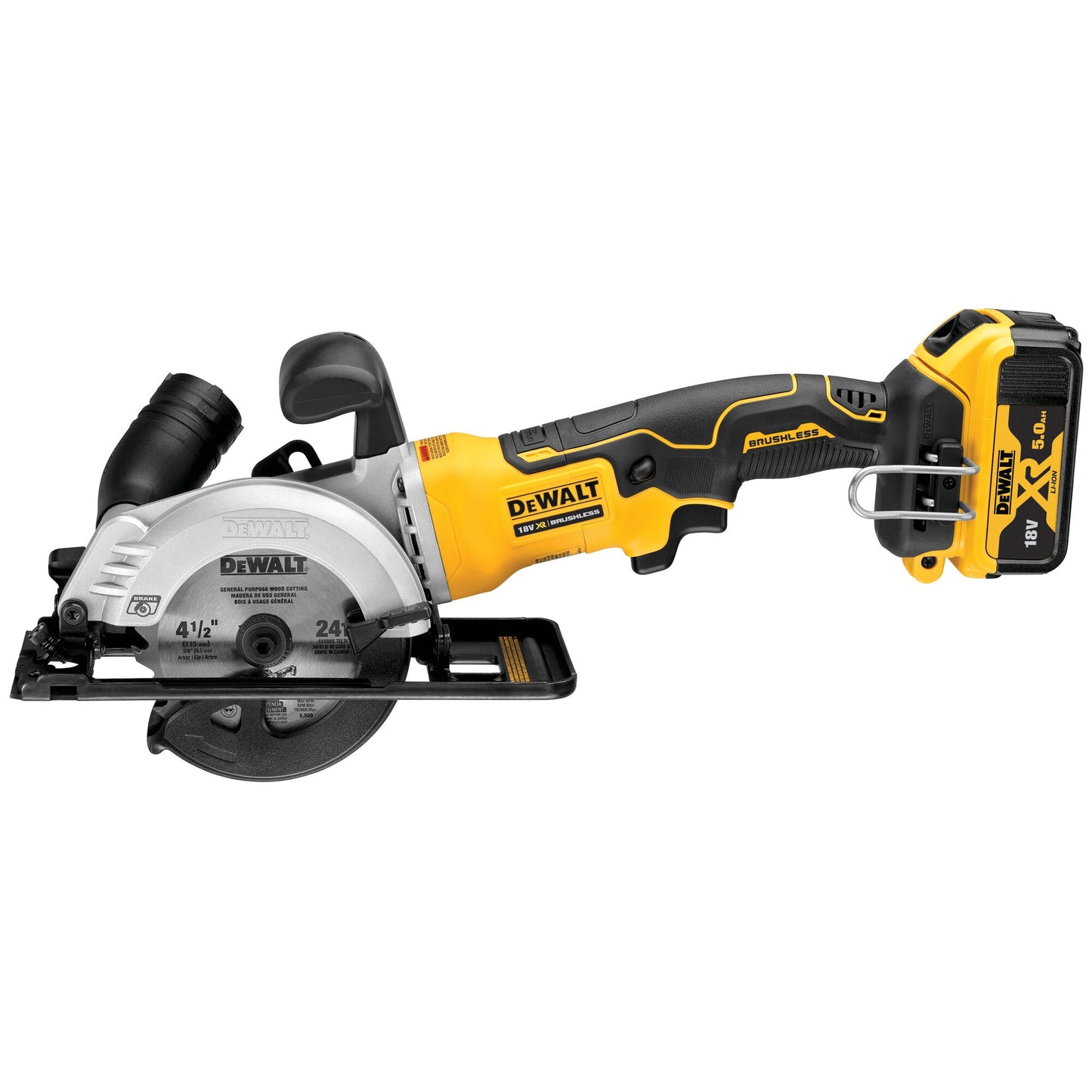 DEWALT DCS571P2-QW 18 Volt bürstenlose 115 mm Kompakt-Kreissäge mit 2x18V 5,0 Ah Akkus