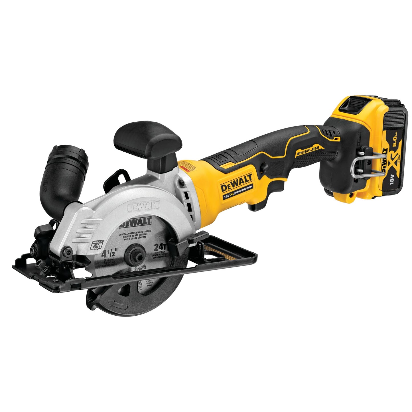 DEWALT DCS571P2-QW 18 Volt bürstenlose 115 mm Kompakt-Kreissäge mit 2x18V 5,0 Ah Akkus