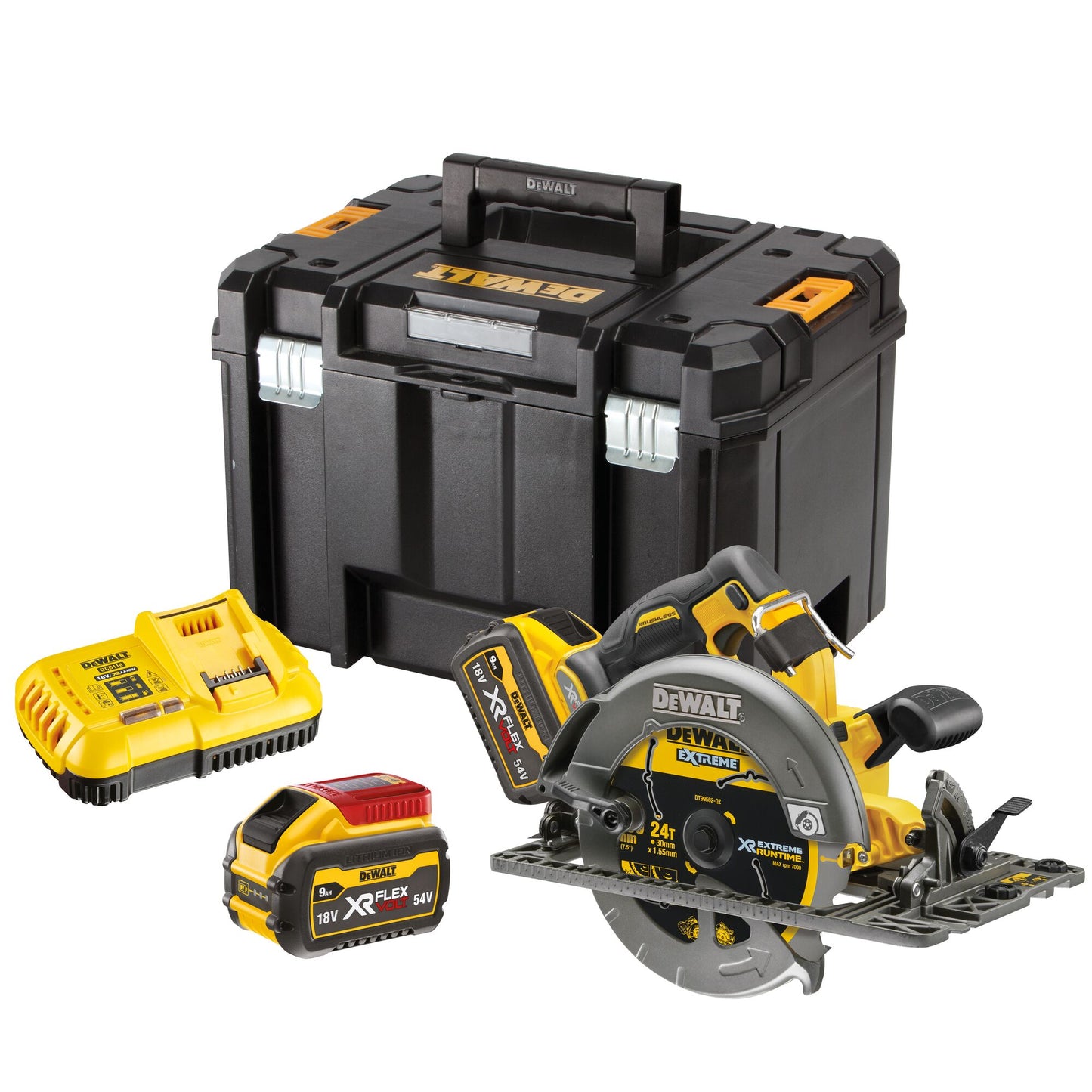 DEWALT DCS579X2-QW 54 Volt Akku-Handkreissäge (190 mm / bürstenlos) mit 2x18/54V 9.0Ah Flexvolt Akkus