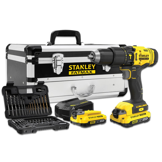 STANLEY FATMAX SFMCD711D2F-QW V20 Akku-Schlagbohrschrauber + Set mit 50 Zubehörteilen + 2Akkus 18V 2.0Ah + Koffer