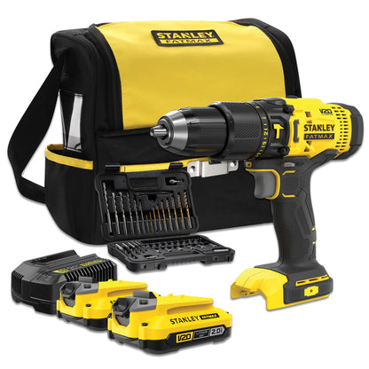 STANLEY FATMAX SFMCD711DSA-QW V20 Akku-Schlagbohrschrauber + Set mit 50 Zubehörteilen + 2Akkus 18V 2.0Ah + Soft bag