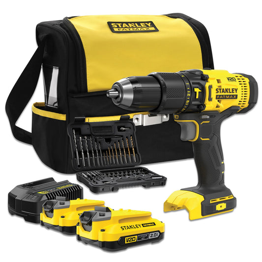 STANLEY FATMAX SFMCD711DSA-QW V20 Akku-Schlagbohrschrauber + Set mit 50 Zubehörteilen + 2Akkus 18V 2.0Ah + Soft bag