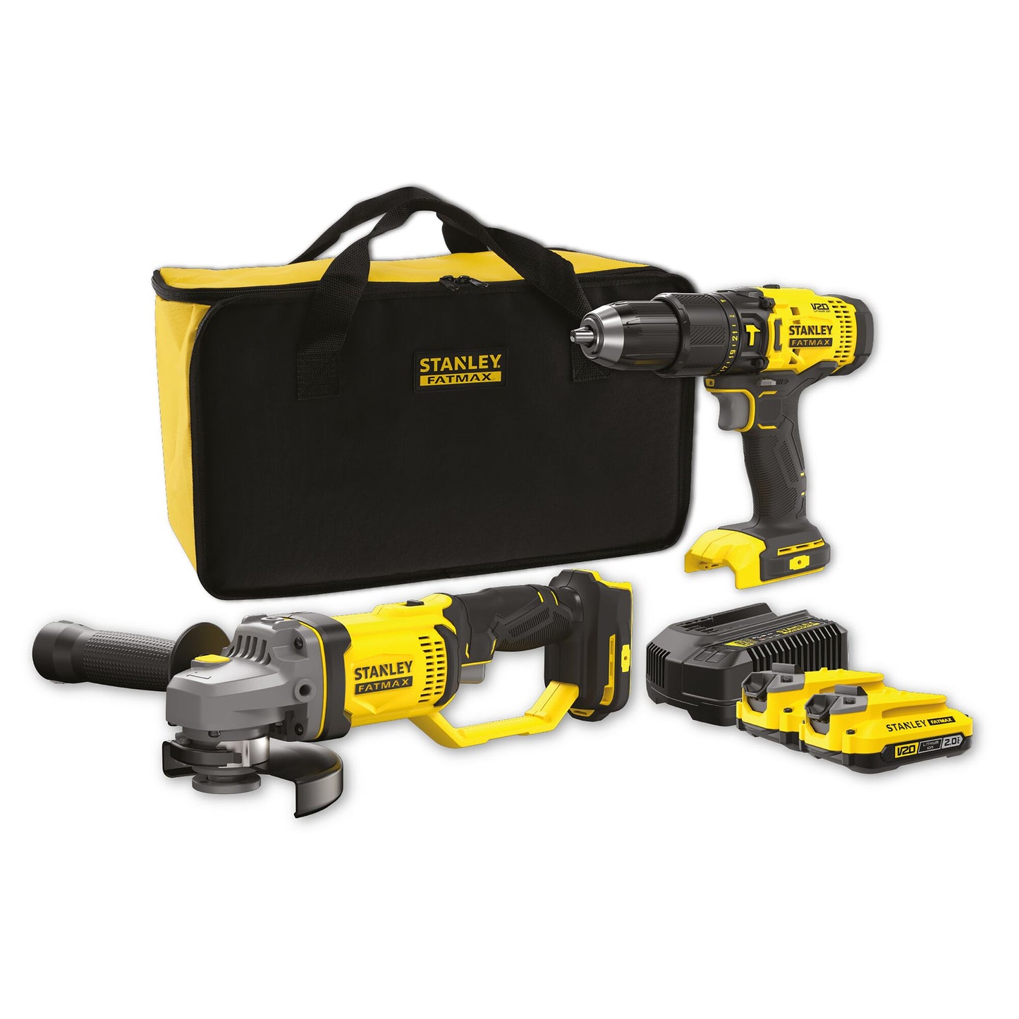 STANLEY FATMAX SFMCK471D2S-QW V20 Akku-Schlagbohrschrauber + V20 Akku-Winkelschleifer + 2Akkus 18V 2.0Ah + Soft bag